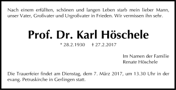 Traueranzeige von Karl Höschele von Stuttgarter Zeitung / Stuttgarter Nachrichten