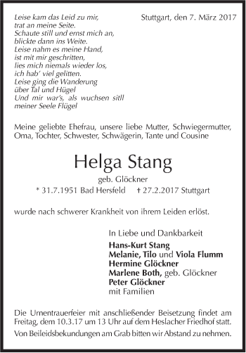 Traueranzeige von Helga Stang von Stuttgarter Zeitung / Stuttgarter Nachrichten