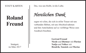 Traueranzeige von Roland Freund von Stuttgarter Zeitung / Stuttgarter Nachrichten