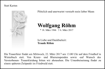 Traueranzeige von Wolfgang Röhm von Stuttgarter Zeitung / Stuttgarter Nachrichten
