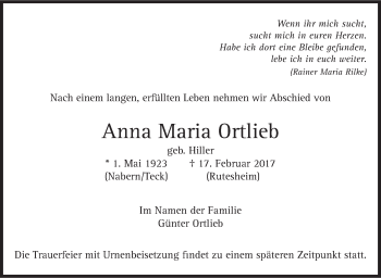 Traueranzeige von Anna Maria Ortlieb von Stuttgarter Zeitung / Stuttgarter Nachrichten