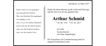 Traueranzeige von Arthur Schmid von Stuttgarter Zeitung / Stuttgarter Nachrichten