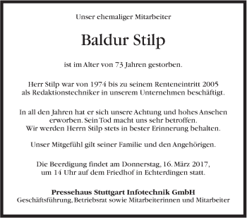 Traueranzeige von Baldur Stilp von Stuttgarter Zeitung / Stuttgarter Nachrichten
