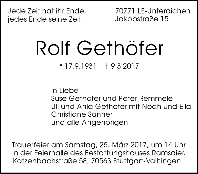  Traueranzeige für Rolf Gethöfer vom 18.03.2017 aus Stuttgarter Zeitung / Stuttgarter Nachrichten