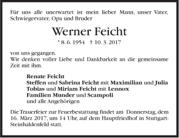 Traueranzeige von Werner Feicht von Stuttgarter Zeitung / Stuttgarter Nachrichten