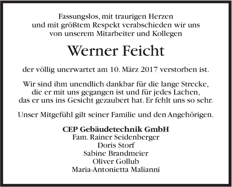  Traueranzeige für Werner Feicht vom 16.03.2017 aus Stuttgarter Zeitung / Stuttgarter Nachrichten