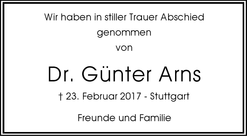 Traueranzeige für Günter Arns vom 09.03.2017 aus Stuttgarter Zeitung / Stuttgarter Nachrichten