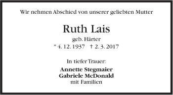 Traueranzeige von Ruth Lais von Stuttgarter Zeitung / Stuttgarter Nachrichten
