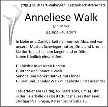Traueranzeige von Anneliese Walk von Stuttgarter Zeitung / Stuttgarter Nachrichten