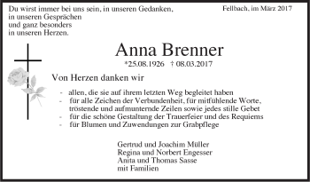 Traueranzeige von Anna Brenner von Stuttgarter Zeitung / Stuttgarter Nachrichten