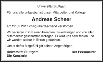 Traueranzeige von Andreas Scheer von Stuttgarter Zeitung / Stuttgarter Nachrichten