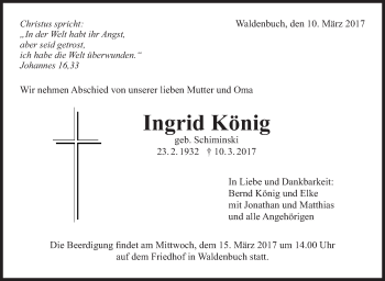 Traueranzeige von Ingrid König von Stuttgarter Zeitung / Stuttgarter Nachrichten