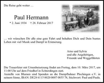 Traueranzeige von Paul Hermann von Stuttgarter Zeitung / Stuttgarter Nachrichten