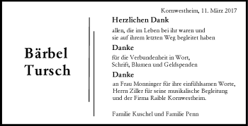 Traueranzeige von Bärbel Tursch von Stuttgarter Zeitung / Stuttgarter Nachrichten