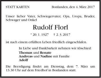 Traueranzeige von Rudol Florl von Stuttgarter Zeitung / Stuttgarter Nachrichten