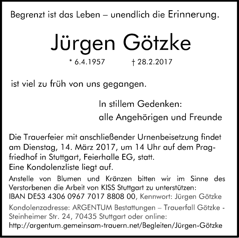  Traueranzeige für Jürgen Götzke vom 08.03.2017 aus Stuttgarter Zeitung / Stuttgarter Nachrichten