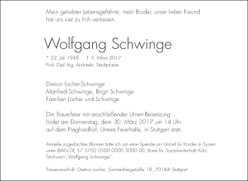 Traueranzeige von Wolfgang Schwinge von Stuttgarter Zeitung / Stuttgarter Nachrichten