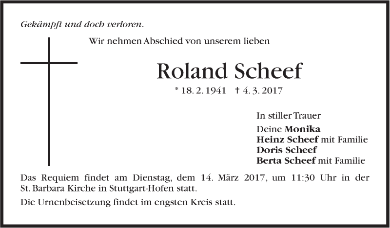  Traueranzeige für Roland Scheef vom 11.03.2017 aus Stuttgarter Zeitung / Stuttgarter Nachrichten