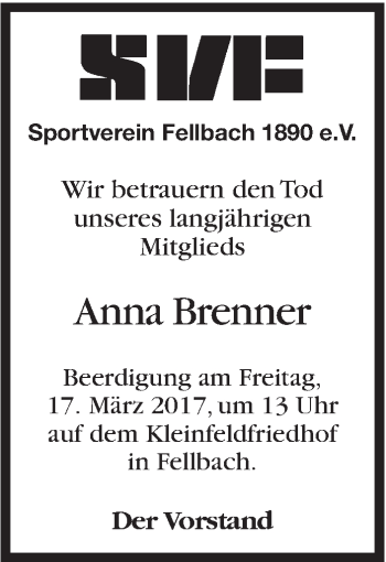 Traueranzeige von Anna Brenner von Stuttgarter Zeitung / Stuttgarter Nachrichten