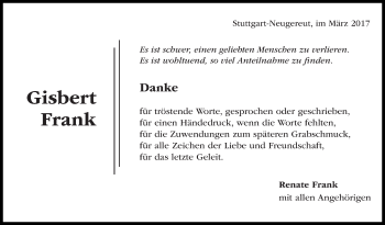 Traueranzeige von Gisbert Frank von Stuttgarter Zeitung / Stuttgarter Nachrichten