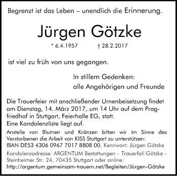 Traueranzeige von Jürgen Götzke von Stuttgarter Zeitung / Stuttgarter Nachrichten