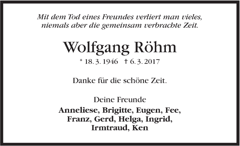  Traueranzeige für Wolfgang Röhm vom 18.03.2017 aus Stuttgarter Zeitung / Stuttgarter Nachrichten