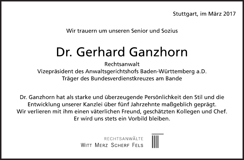  Traueranzeige für Gerhard Ganzhorn vom 15.03.2017 aus Stuttgarter Zeitung / Stuttgarter Nachrichten