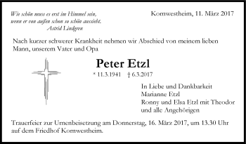 Traueranzeige von Peter Etzl von Stuttgarter Zeitung / Stuttgarter Nachrichten