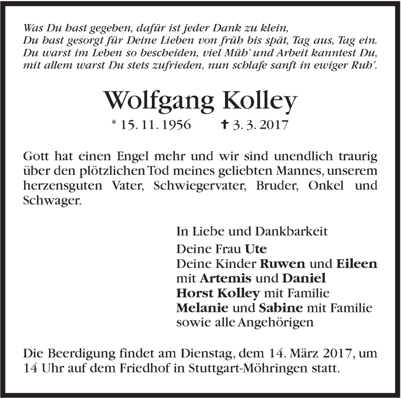  Traueranzeige für Wolfgang Kolley vom 11.03.2017 aus Stuttgarter Zeitung / Stuttgarter Nachrichten