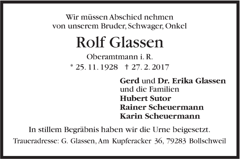  Traueranzeige für Rolf Glassen vom 17.03.2017 aus Stuttgarter Zeitung / Stuttgarter Nachrichten
