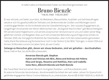 Traueranzeige von Bruno Bienzle von Stuttgarter Zeitung / Stuttgarter Nachrichten