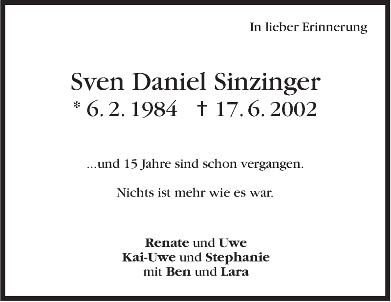  Traueranzeige für Sven Daniel Sinzinger vom 17.06.2017 aus Stuttgarter Zeitung / Stuttgarter Nachrichten