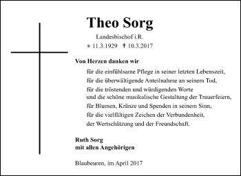 Traueranzeige von Theo Sorg von Stuttgarter Zeitung / Stuttgarter Nachrichten