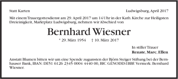 Traueranzeige von Bernhard Wiesner von Stuttgarter Zeitung / Stuttgarter Nachrichten