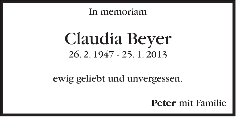  Traueranzeige für Claudia Beyer vom 25.01.2018 aus Stuttgarter Zeitung / Stuttgarter Nachrichten