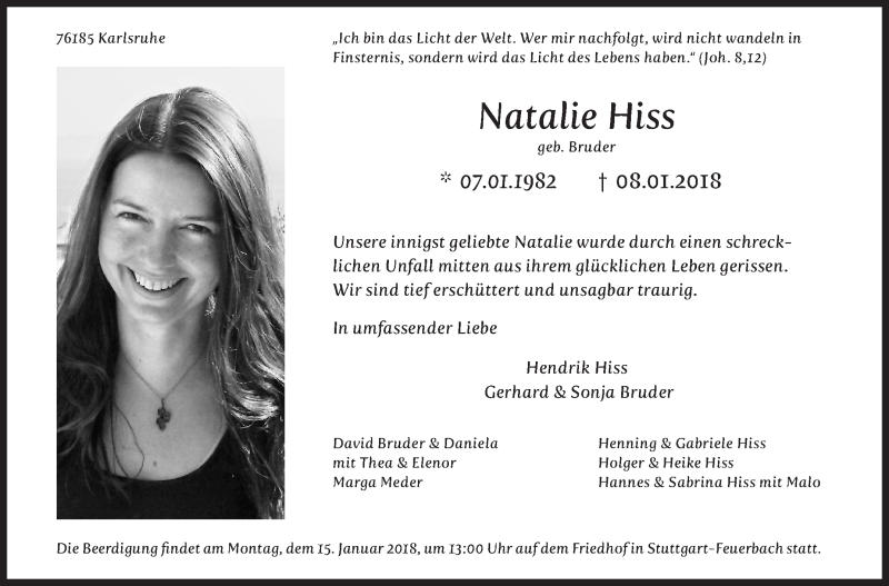  Traueranzeige für Natalie Hiss vom 12.01.2018 aus Stuttgarter Zeitung / Stuttgarter Nachrichten