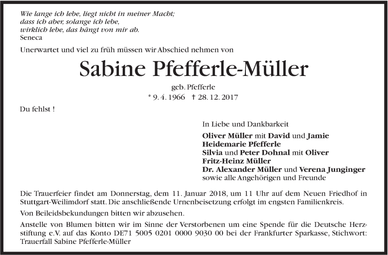  Traueranzeige für Sabine Pfefferle-Müller vom 05.01.2018 aus Stuttgarter Zeitung / Stuttgarter Nachrichten
