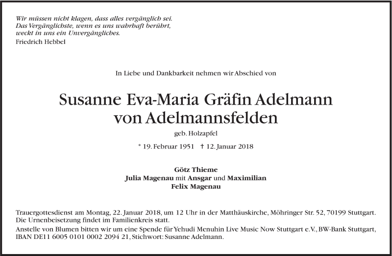  Traueranzeige für Susanne Eva-Maria Adelmann von Adelmannsfelden vom 17.01.2018 aus Stuttgarter Zeitung / Stuttgarter Nachrichten