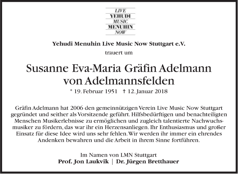  Traueranzeige für Susanne Eva-Maria Adelmann von Adelmannsfelden vom 17.01.2018 aus Stuttgarter Zeitung / Stuttgarter Nachrichten