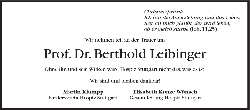  Traueranzeige für Berthold Leibinger vom 20.10.2018 aus Stuttgarter Zeitung / Stuttgarter Nachrichten