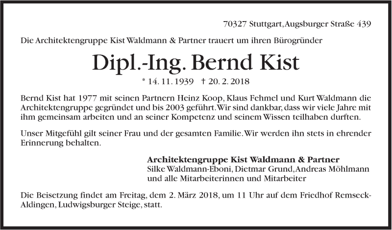  Traueranzeige für Bernd Kist vom 27.02.2018 aus Stuttgarter Zeitung / Stuttgarter Nachrichten