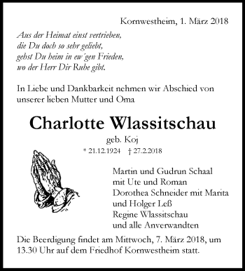 Traueranzeige von Charlotte Wlassitschau von Stuttgarter Zeitung / Stuttgarter Nachrichten