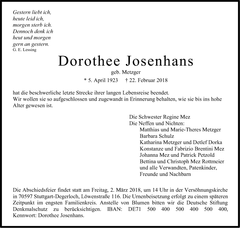  Traueranzeige für Dorothee Josenhans vom 24.02.2018 aus Stuttgarter Zeitung / Stuttgarter Nachrichten