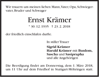 Traueranzeige von Ernst Krämer von Stuttgarter Zeitung / Stuttgarter Nachrichten