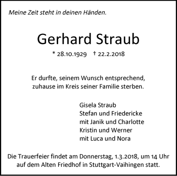 Traueranzeige von Gerhard Straub von Stuttgarter Zeitung / Stuttgarter Nachrichten