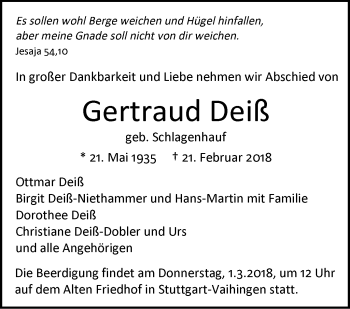 Traueranzeige von Gertraud Deiß von Stuttgarter Zeitung / Stuttgarter Nachrichten