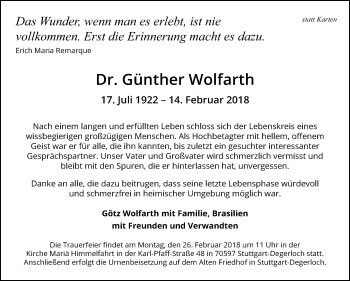 Traueranzeige von Günther Wolfarth von Stuttgarter Zeitung / Stuttgarter Nachrichten