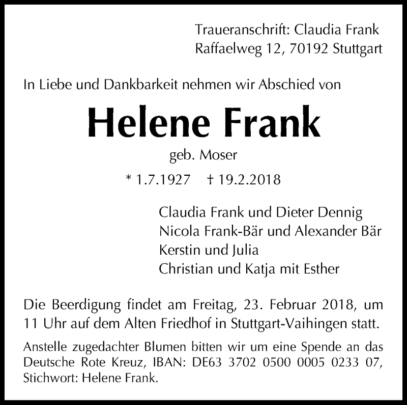  Traueranzeige für Helene Frank vom 23.02.2018 aus Stuttgarter Zeitung / Stuttgarter Nachrichten