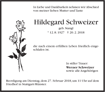 Traueranzeige von Hildegard Schweizer von Stuttgarter Zeitung / Stuttgarter Nachrichten