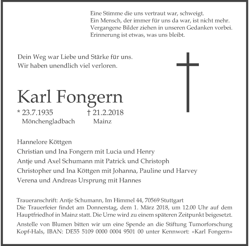  Traueranzeige für Karl Fongern vom 24.02.2018 aus Stuttgarter Zeitung / Stuttgarter Nachrichten